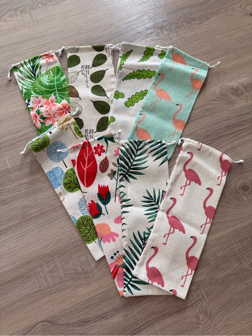 Flamingo & Tropical Canvas Drawstring Pouch Set - Pink and Green